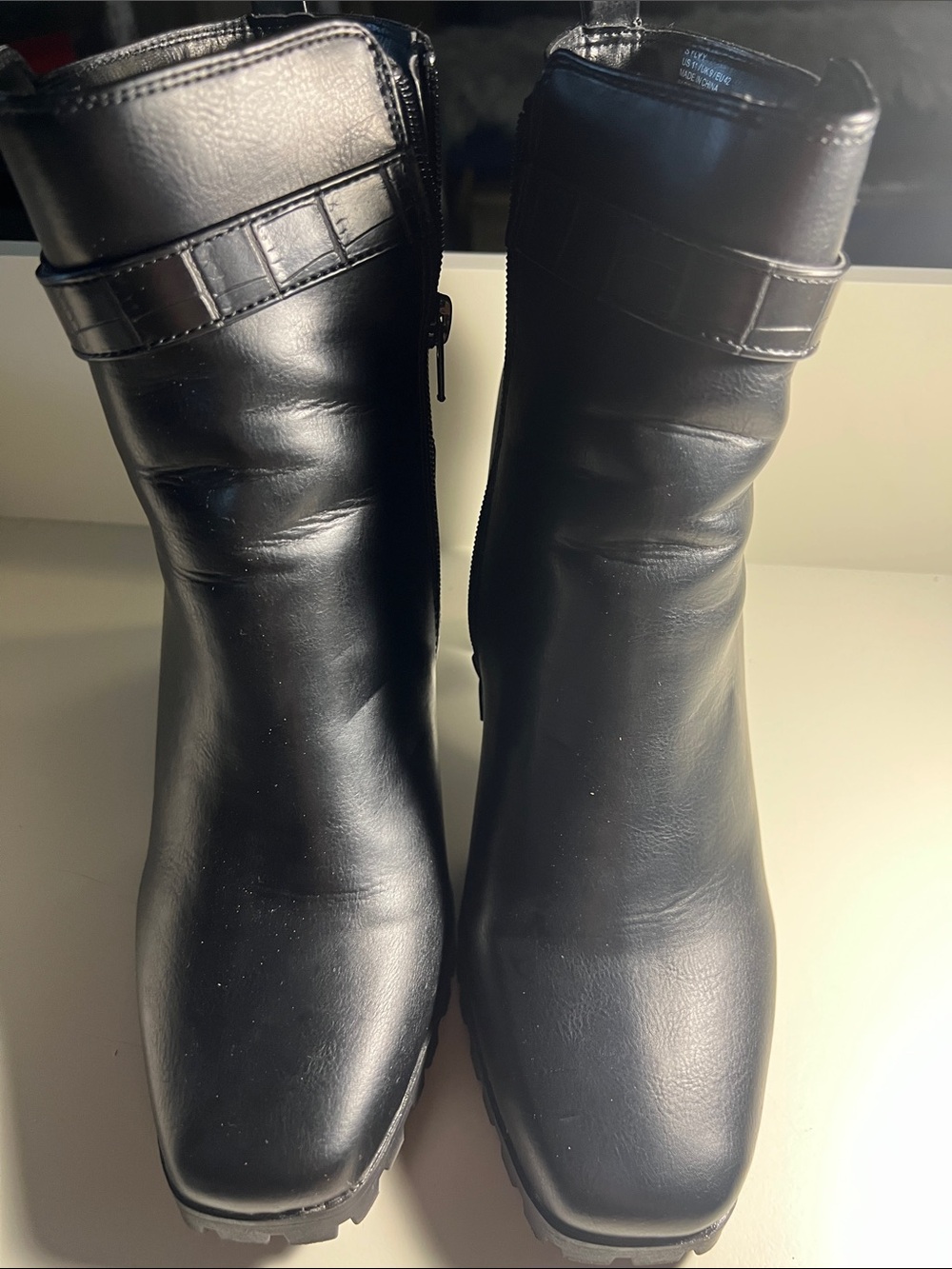Shoe Dazzle Women’s Black Ankle Heeled Boots with Croc-Embossed Strap